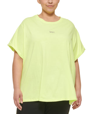 Camiseta feminina DKNY Sport Plus com logo metálico frontal e nó, amarela, tamanho 1X