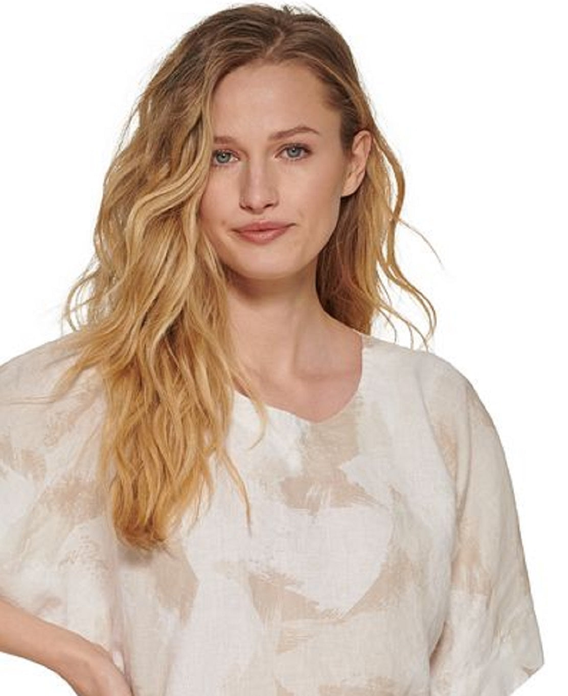 Blusa feminina DKNY de linho estampada com ombros caídos, marrom, tamanho grande