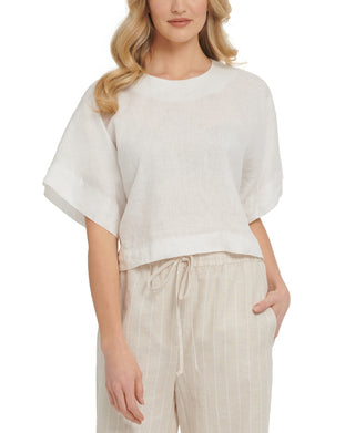DKNY Women's Drop Shoulder Boxy Linen Top White Size Small