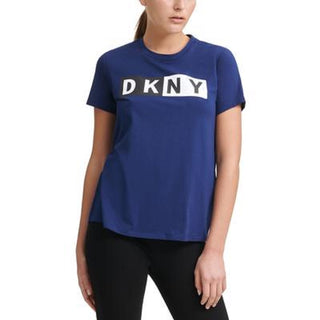 Camiseta feminina DKNY com logotipo, azul, tamanho pequeno
