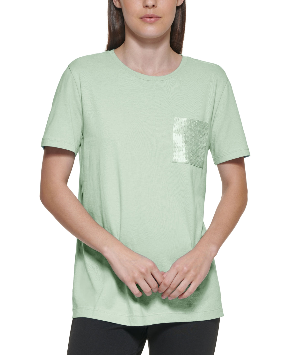 Camiseta feminina DKNY com bolso de lantejoulas, verde, tamanho grande