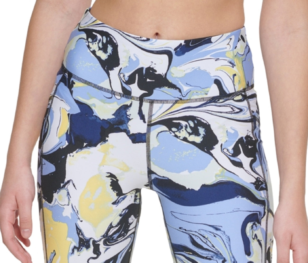 Shorts de ciclismo feminino estampado DKNY de cintura alta tamanho 9, azul, tamanho pequeno