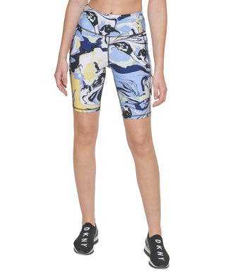 Shorts de ciclismo feminino estampado DKNY de cintura alta tamanho 9, azul, tamanho pequeno
