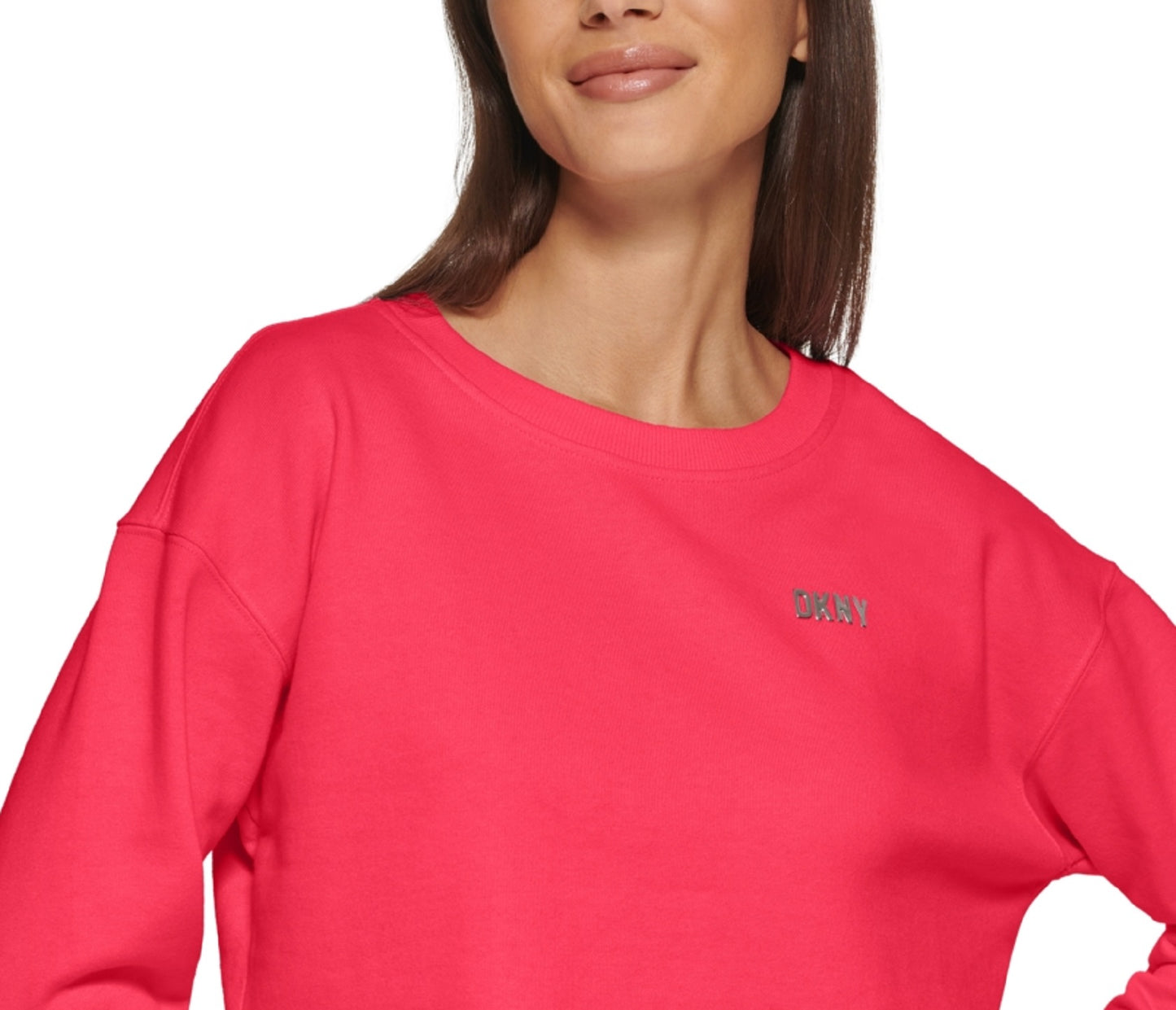 Moletom curto feminino DKNY com logotipo metálico rosa tamanho pequeno