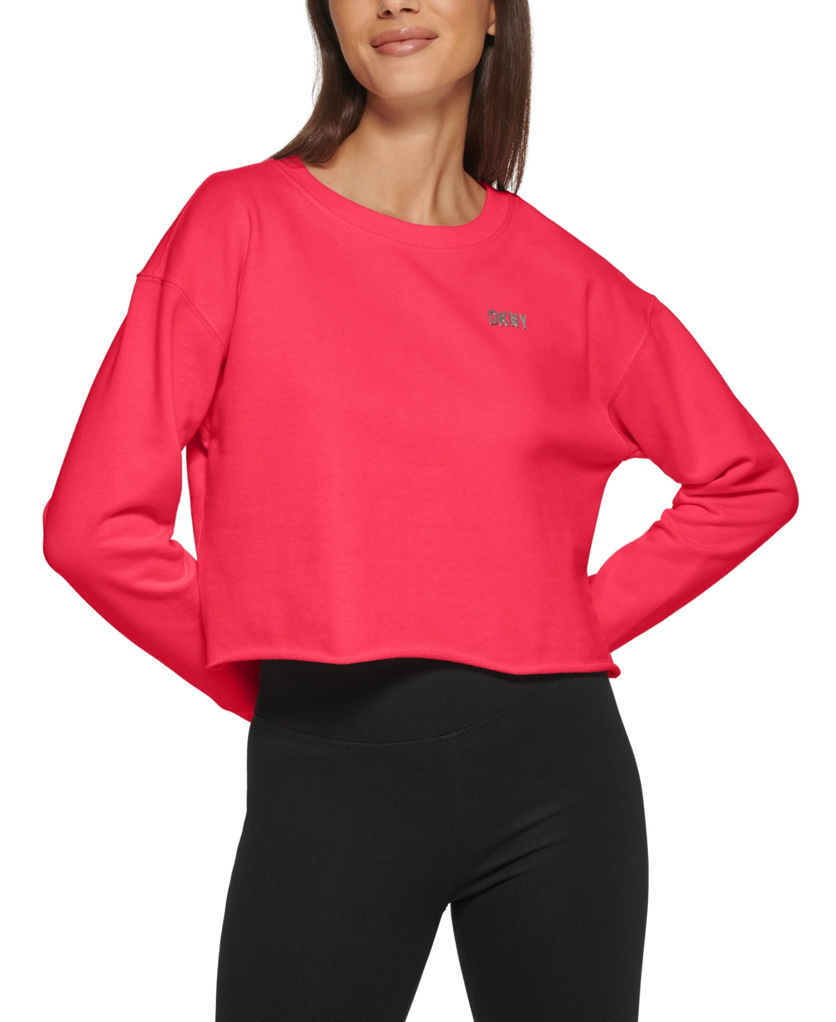 Moletom curto feminino DKNY Sport com logotipo metálico rosa tamanho XS