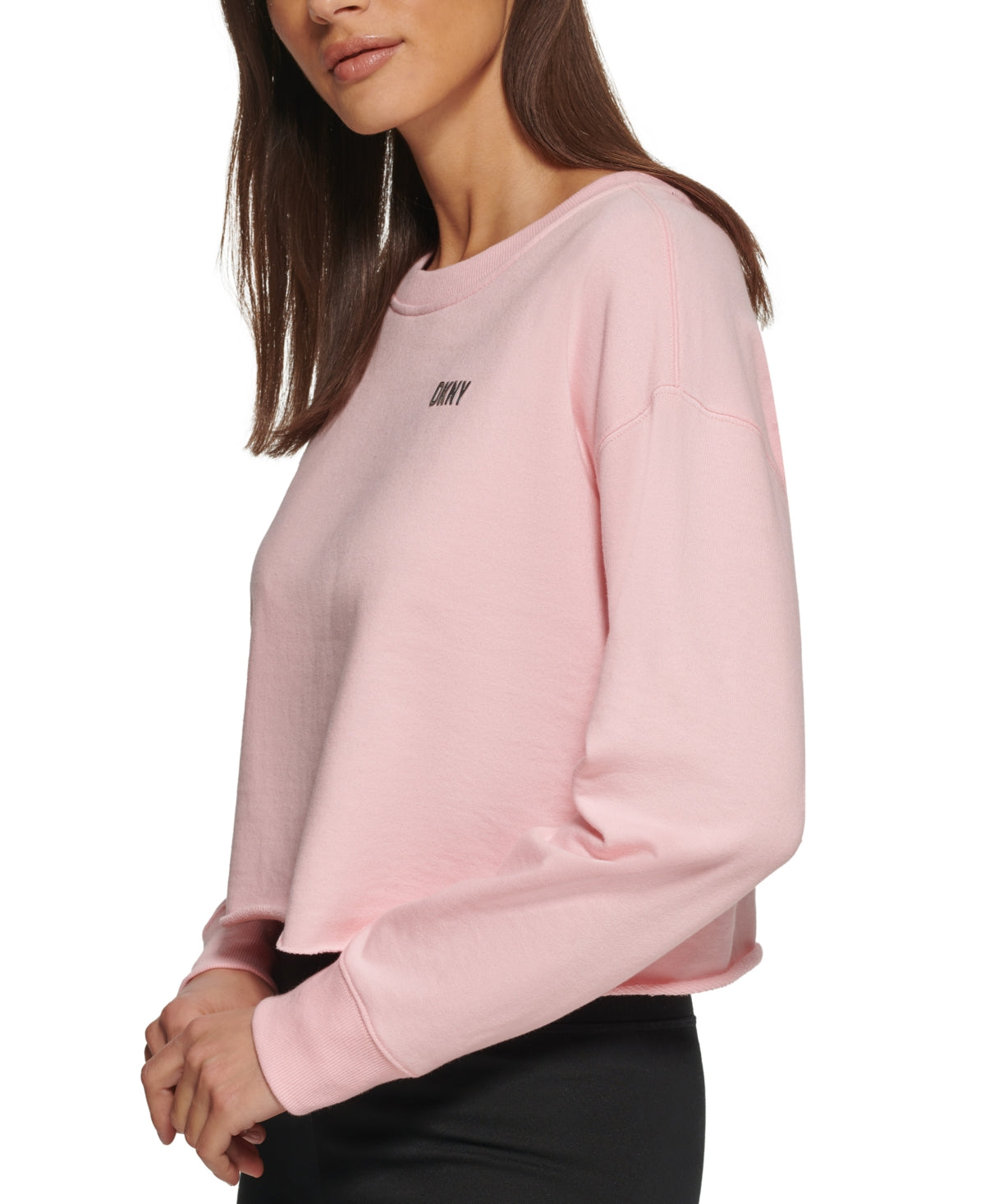 Moletom curto feminino DKNY com logotipo metálico, rosa, tamanho médio