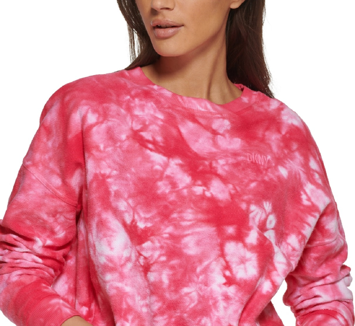 Moletom feminino DKNY de algodão tingido com nó rosa tamanho grande