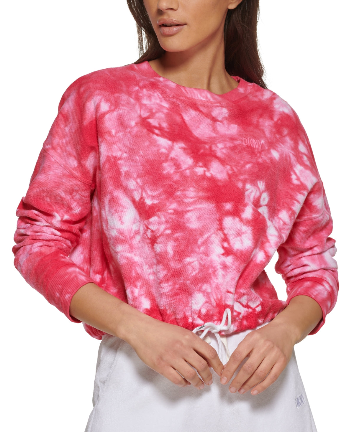 Moletom feminino DKNY de algodão tingido com nó rosa tamanho grande