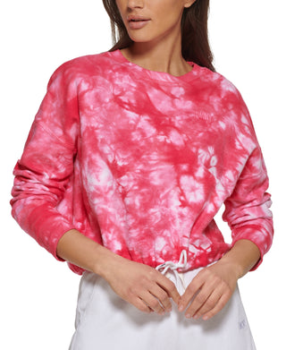 Moletom feminino DKNY de algodão tingido com nó rosa tamanho grande