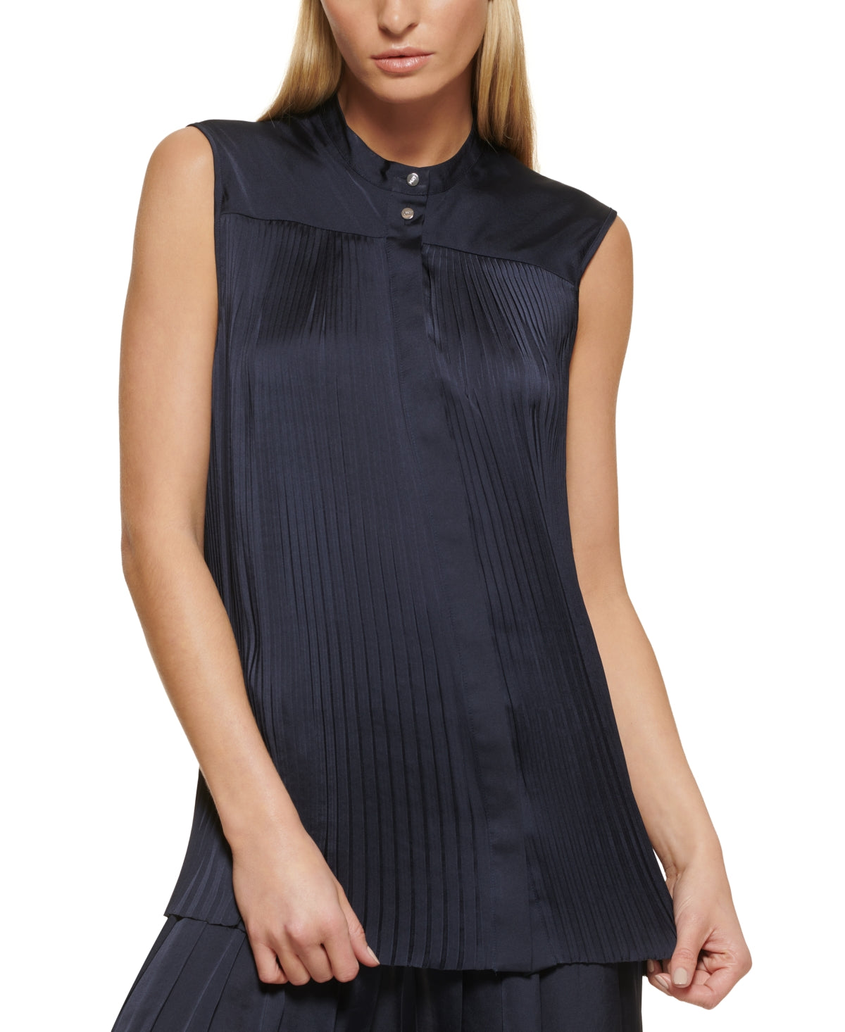 Blusa plissada sem mangas feminina DKNY, azul, tamanho grande