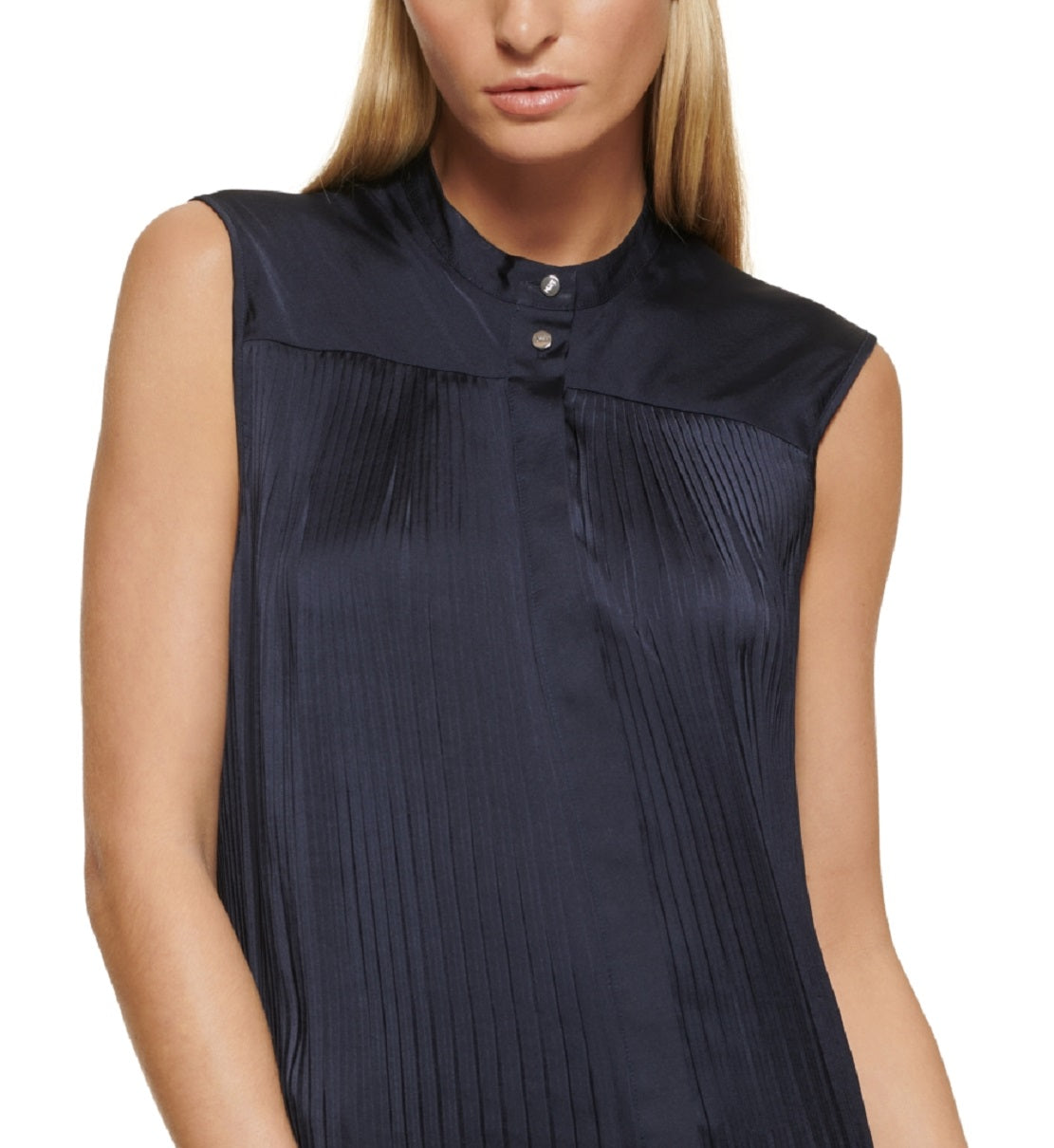 Blusa plissada sem mangas feminina DKNY, azul, tamanho grande