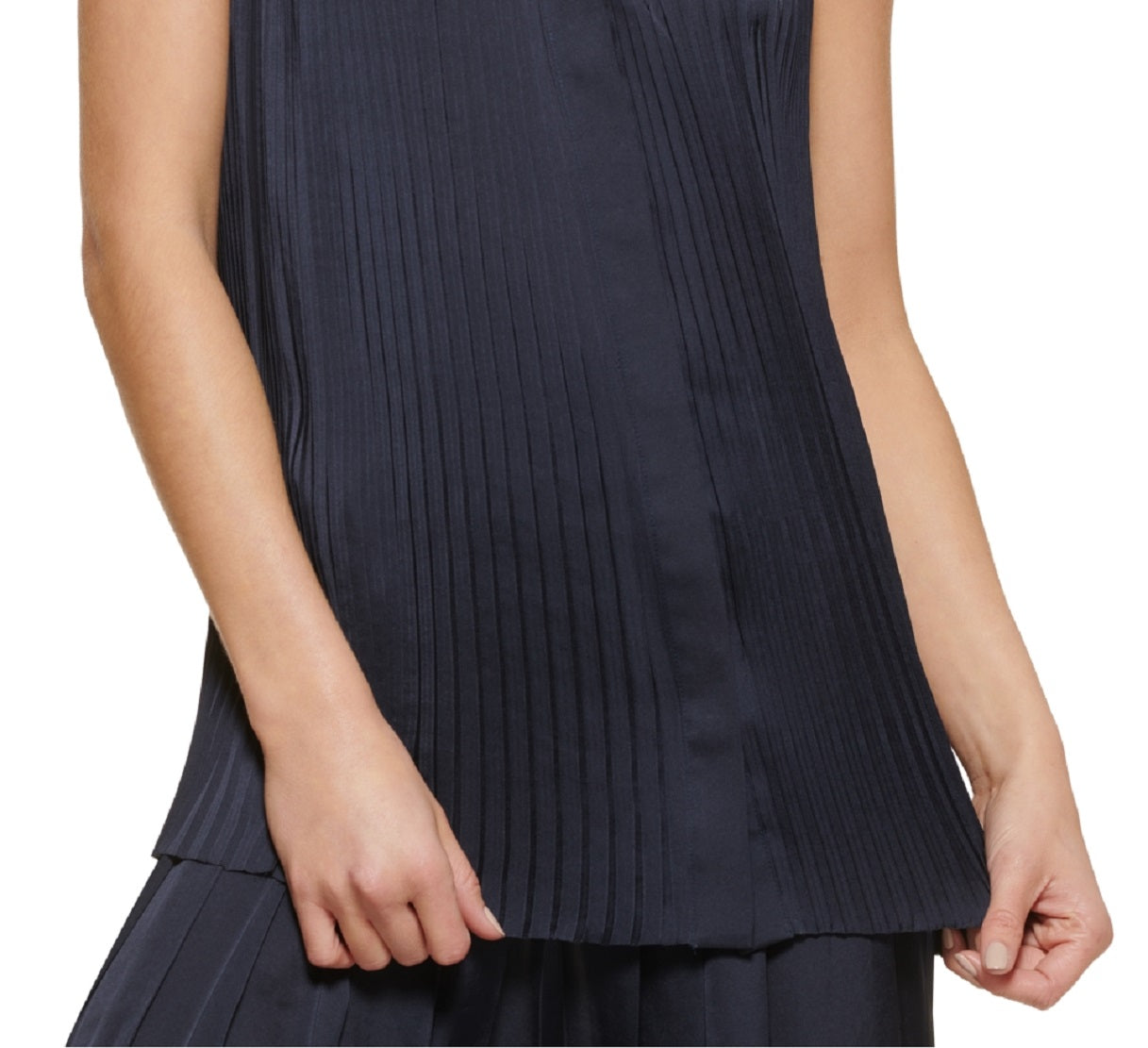 Blusa plissada sem mangas feminina DKNY, azul, tamanho grande