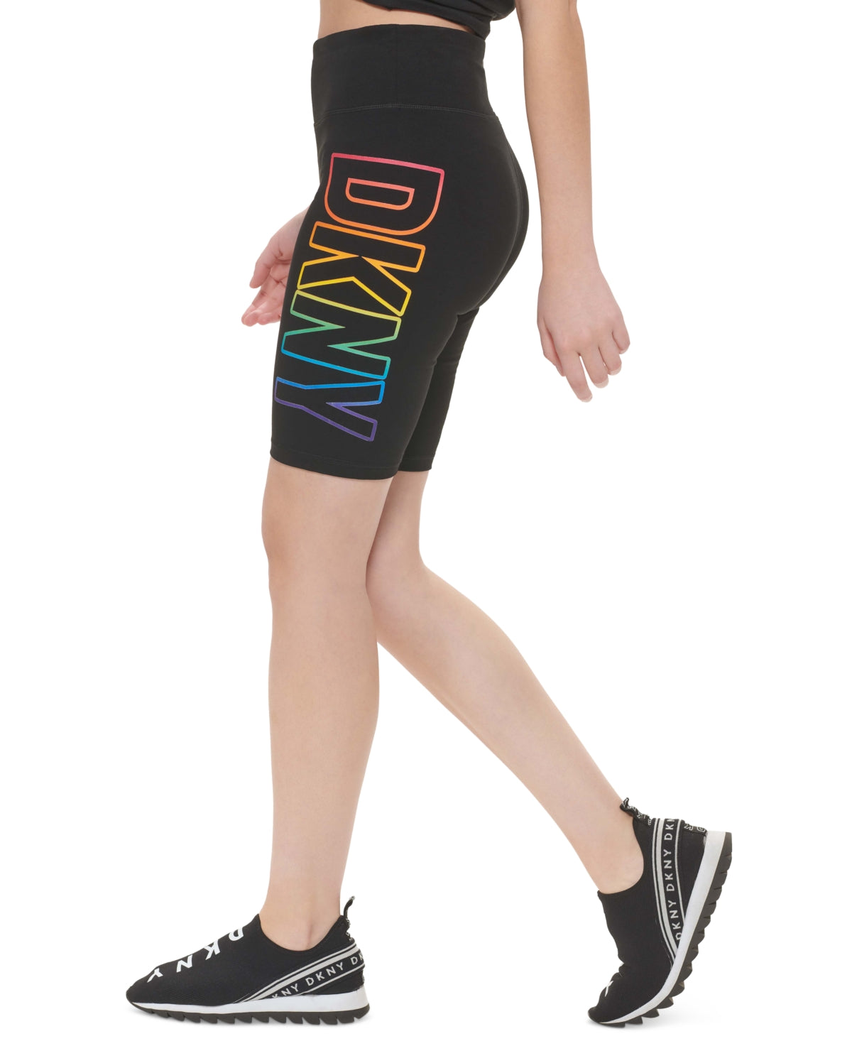 Shorts de ciclismo de cintura alta com logotipo DKNY Pride feminino, preto, tamanho pequeno