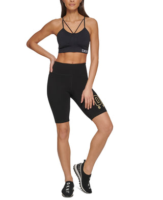 Shorts de ciclismo feminino DKNY de cintura alta, preto, tamanho médio