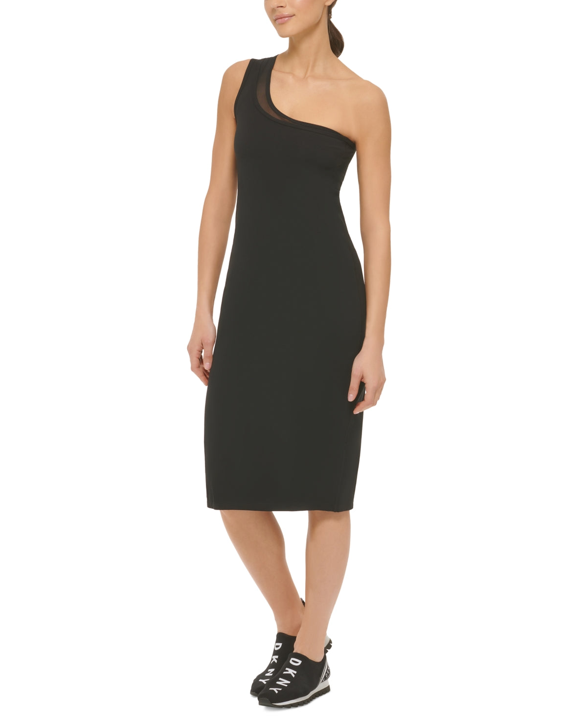 Vestido feminino DKNY de um ombro só, preto, tamanho grande