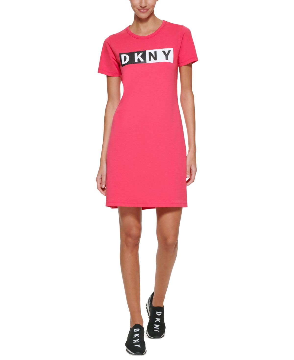 Vestido camiseta feminino DKNY com logo de algodão rosa, tamanho médio