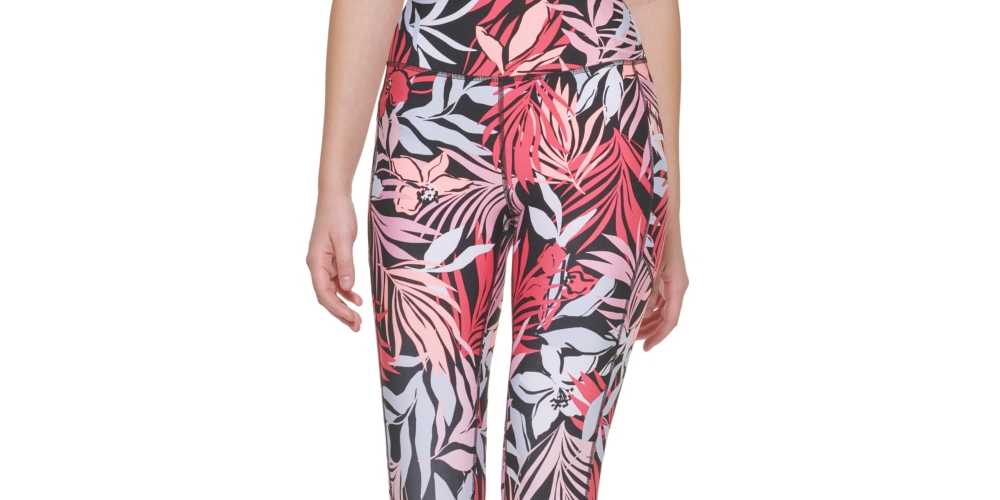 Leggings femininas estampadas DKNY de cintura alta 7/8 rosa tamanho grande