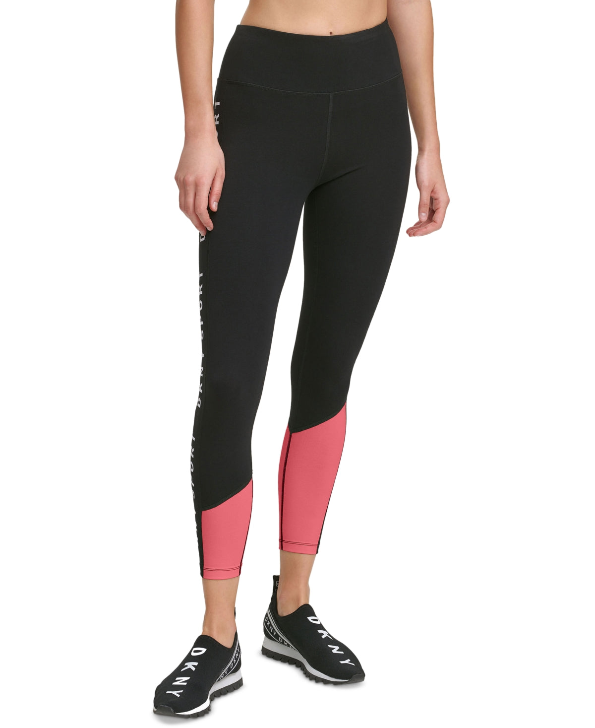 Leggings femininas DKNY de cintura alta com blocos de cores 7/8, rosa, tamanho grande