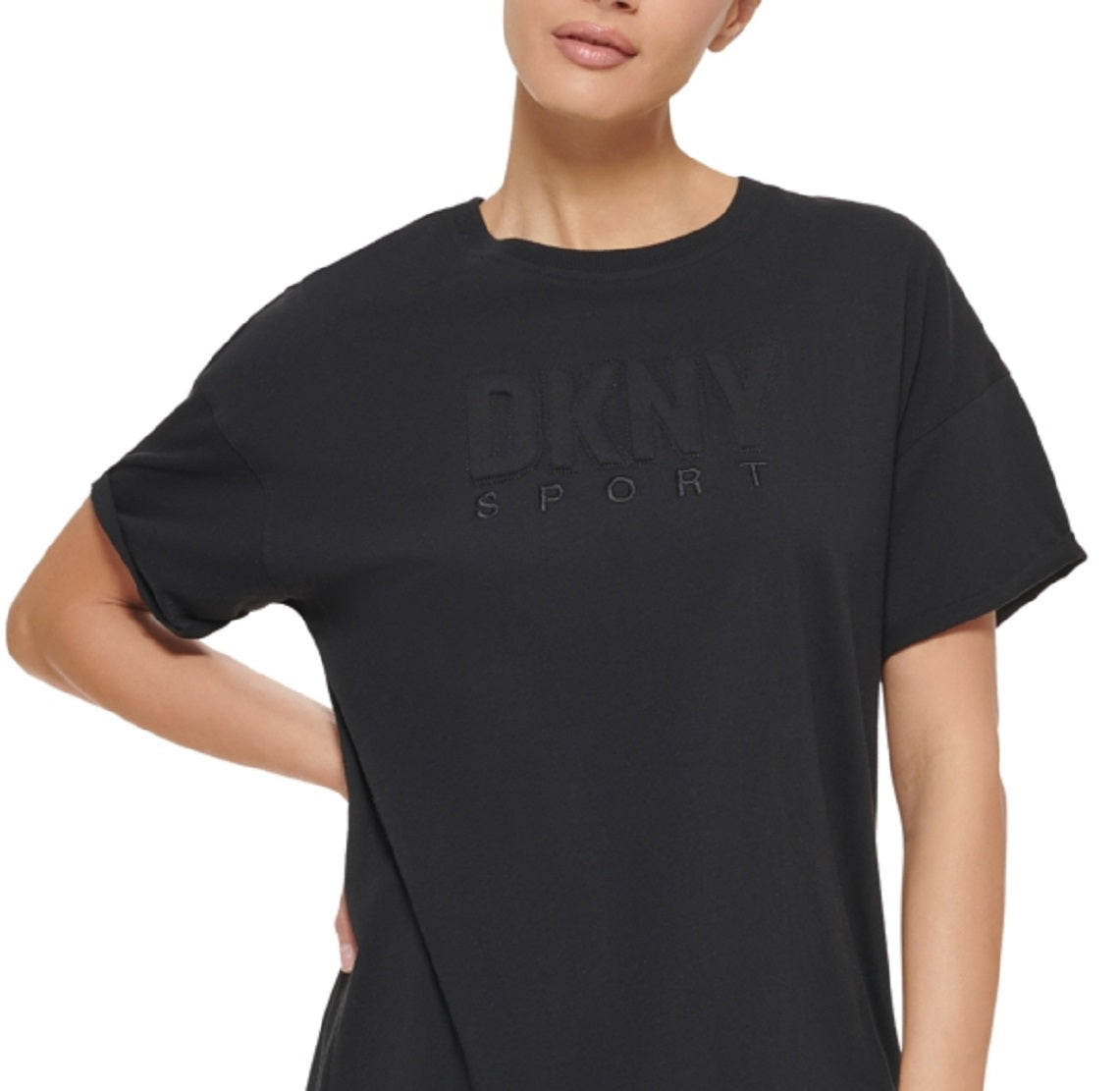 Camiseta feminina DKNY com logotipo de algodão, preta, tamanho médio