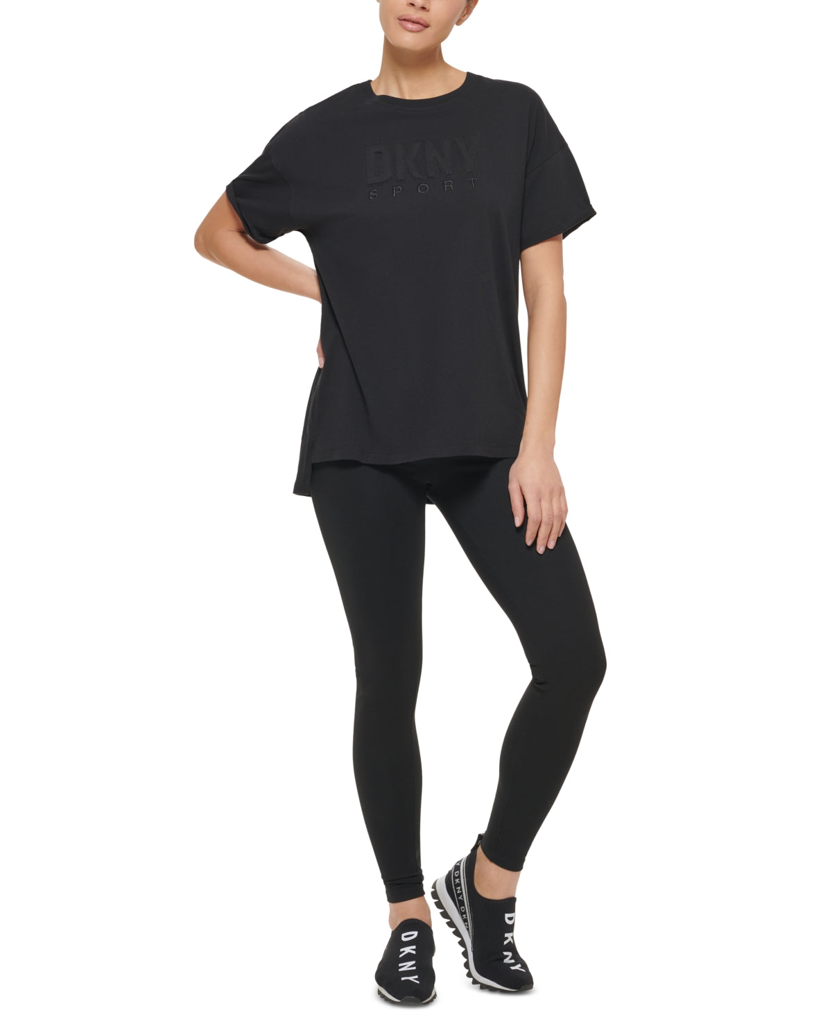 Camiseta feminina DKNY com logotipo de algodão, preta, tamanho médio