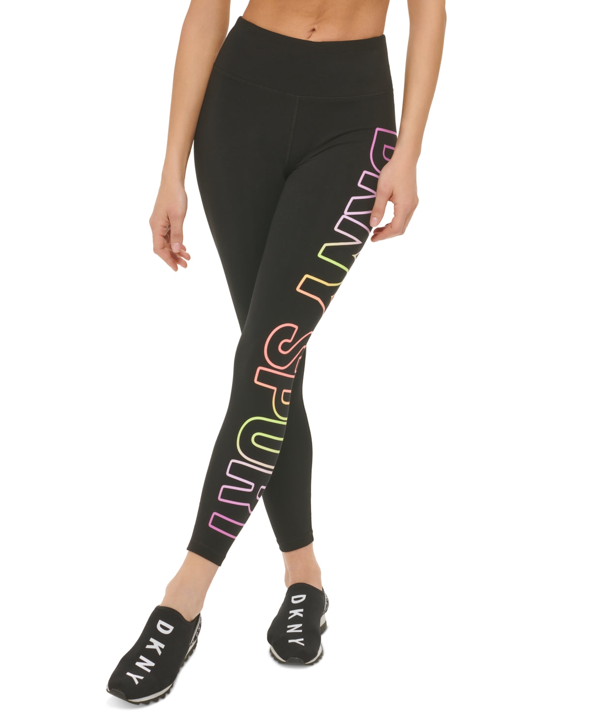 Leggings femininas DKNY com logo Ombre Explodido 7/8, pretas, tamanho grande