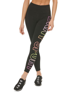 Leggings femininas DKNY com logo Ombre Explodido 7/8, pretas, tamanho médio
