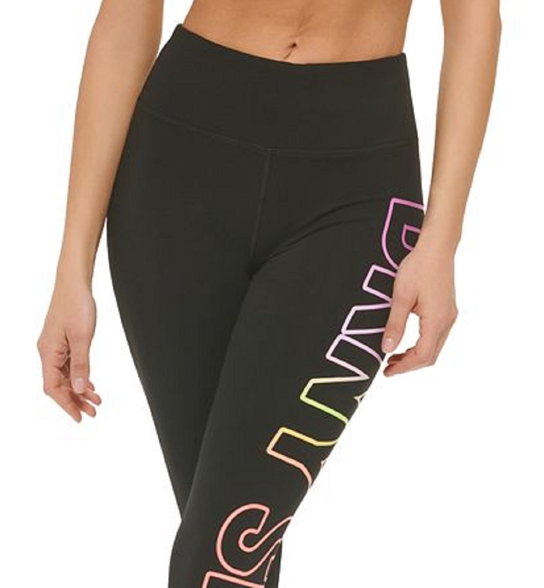 Leggings femininas DKNY com logo Ombre Explodido 7/8, pretas, tamanho médio