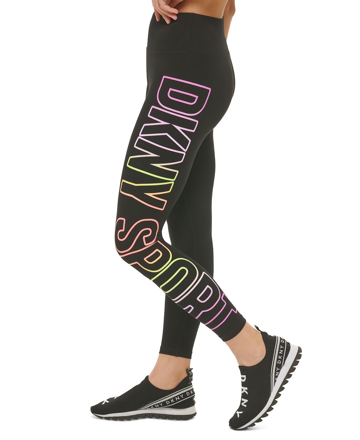 Leggings femininas DKNY com logo Ombre Explodido 7/8, pretas, tamanho P