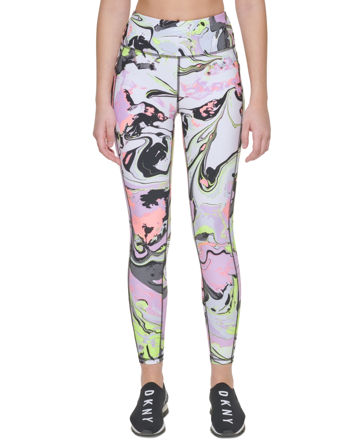 Leggings femininas estampadas DKNY de cintura alta 7/8 rosa tamanho GG