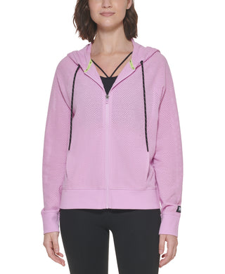 Moletom com capuz feminino DKNY Sprint Mesh Relaxed Full Zip Roxo Tamanho Médio