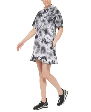 Vestido feminino DKNY Tie Dye com manga curta e babados, preto, tamanho X-G