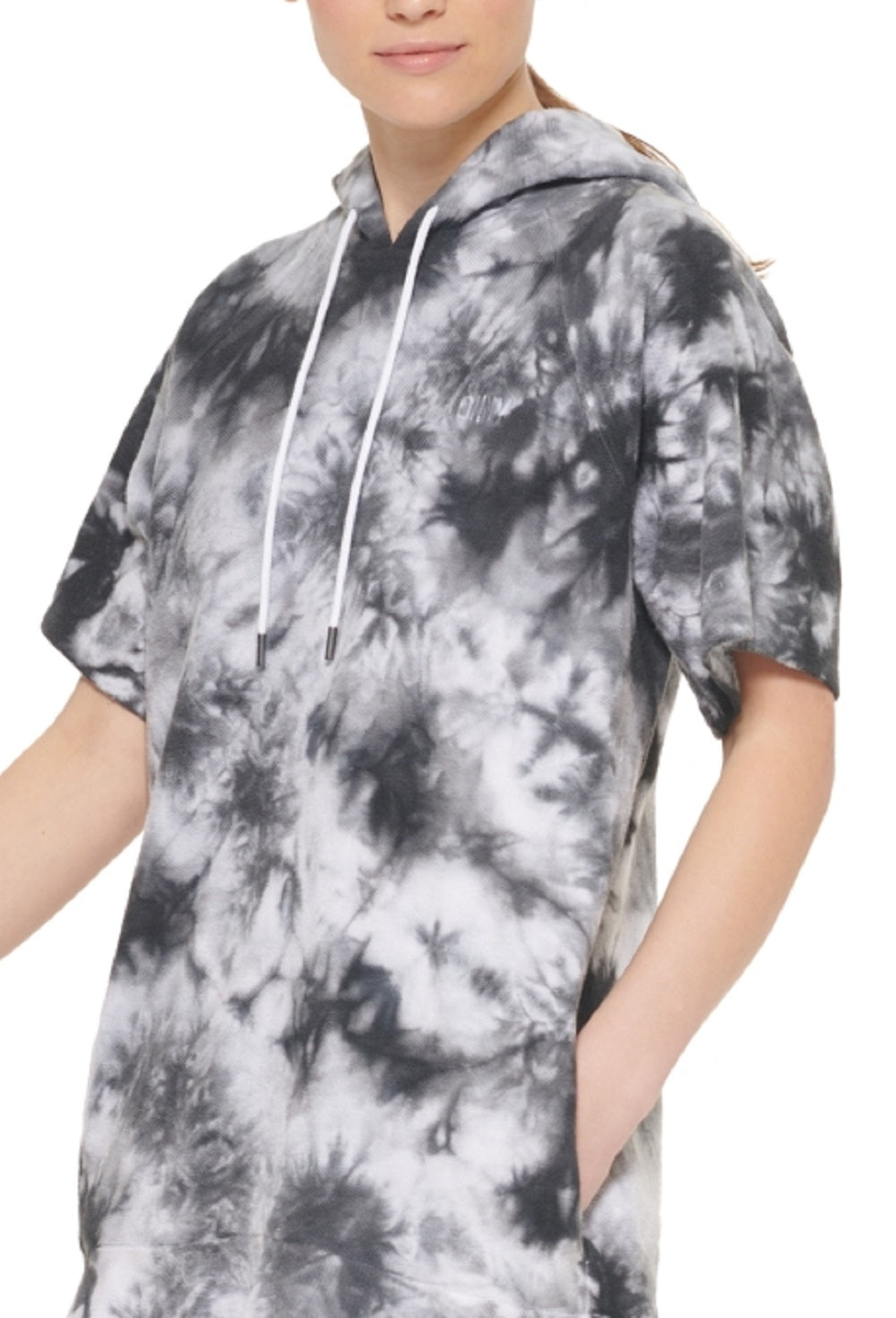 Vestido feminino DKNY Tie Dye com manga curta e babados, preto, tamanho X-G