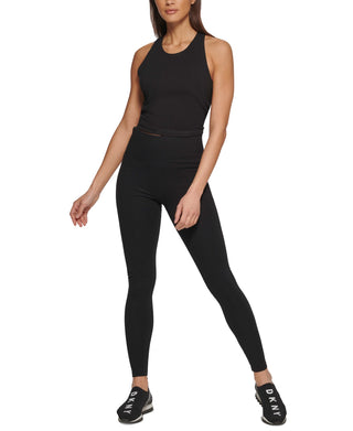 Camiseta regata curta feminina DKNY com logo metálico, preta, tamanho pequeno