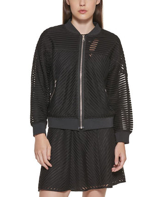 Jaqueta bomber feminina listrada de malha DKNY, preta, tamanho extragrande