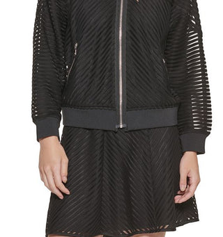 Jaqueta bomber feminina listrada de malha DKNY, preta, tamanho extragrande
