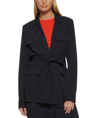 Blazer utilitário feminino DKNY com cinto, azul, tamanho grande