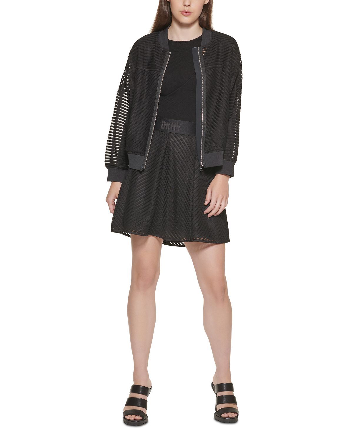 Jaqueta bomber feminina listrada de malha DKNY, preta, tamanho grande