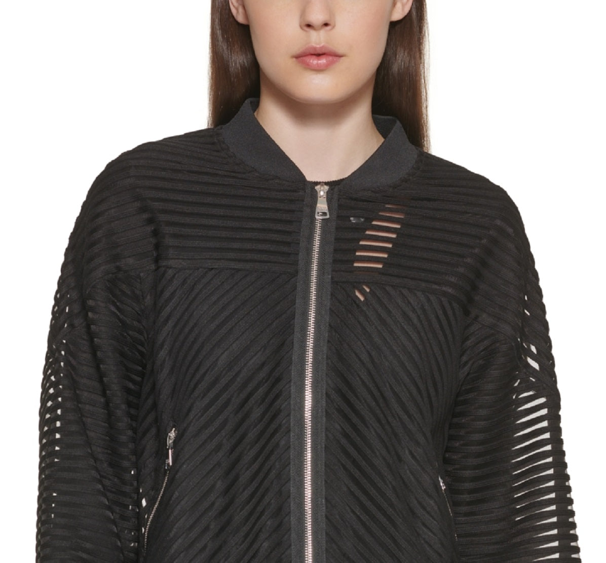 Jaqueta bomber feminina listrada de malha DKNY, preta, tamanho grande
