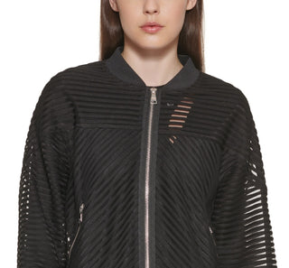 Jaqueta bomber feminina listrada de malha DKNY, preta, tamanho grande