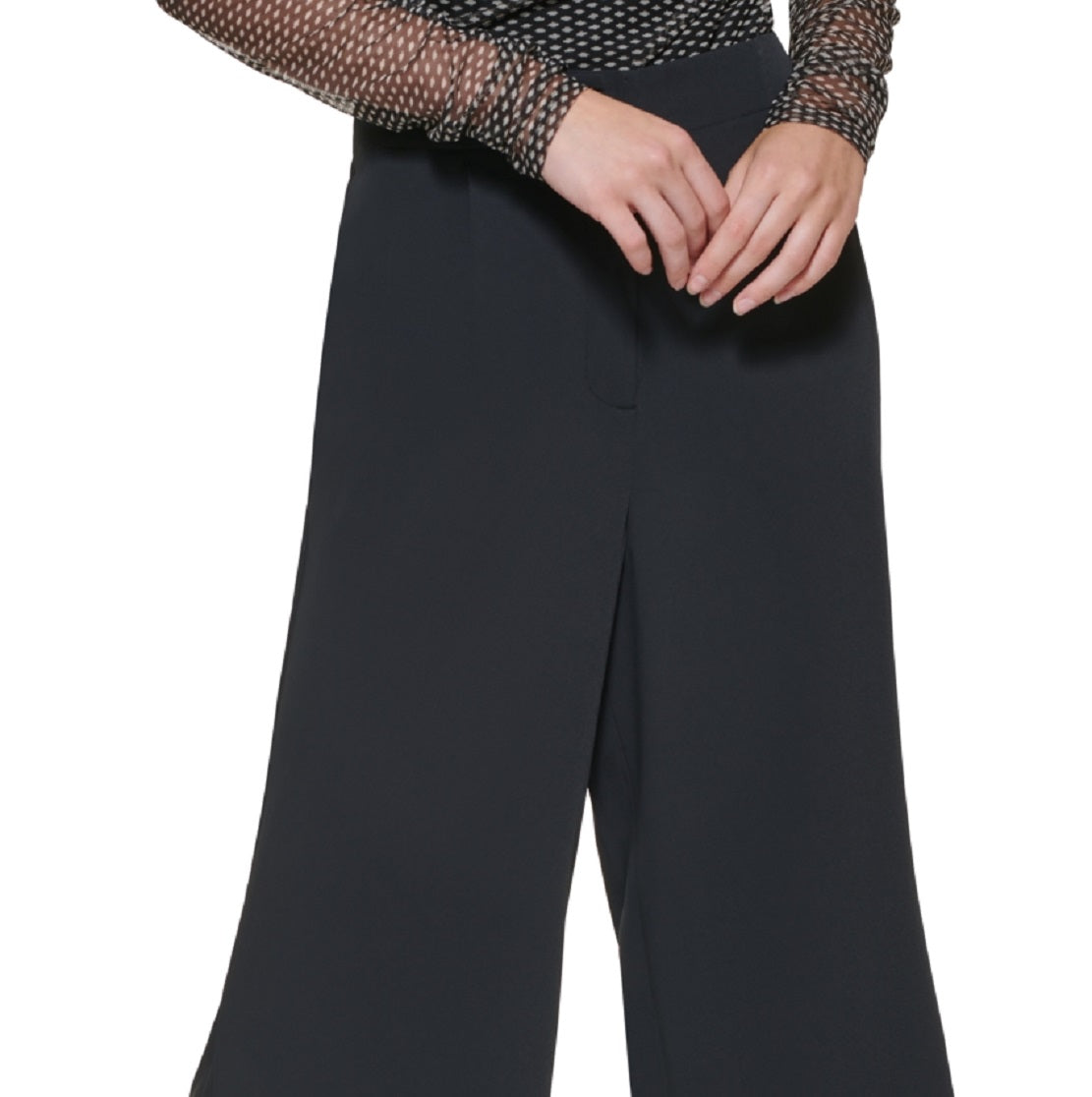 Calça feminina DKNY com bainha dividida e perna larga, preta