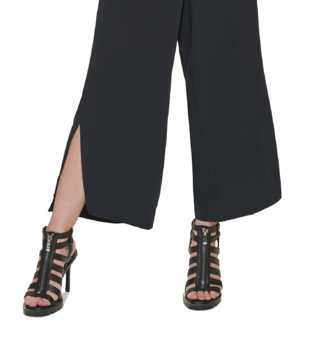 Calça feminina DKNY com bainha dividida e perna larga, preta