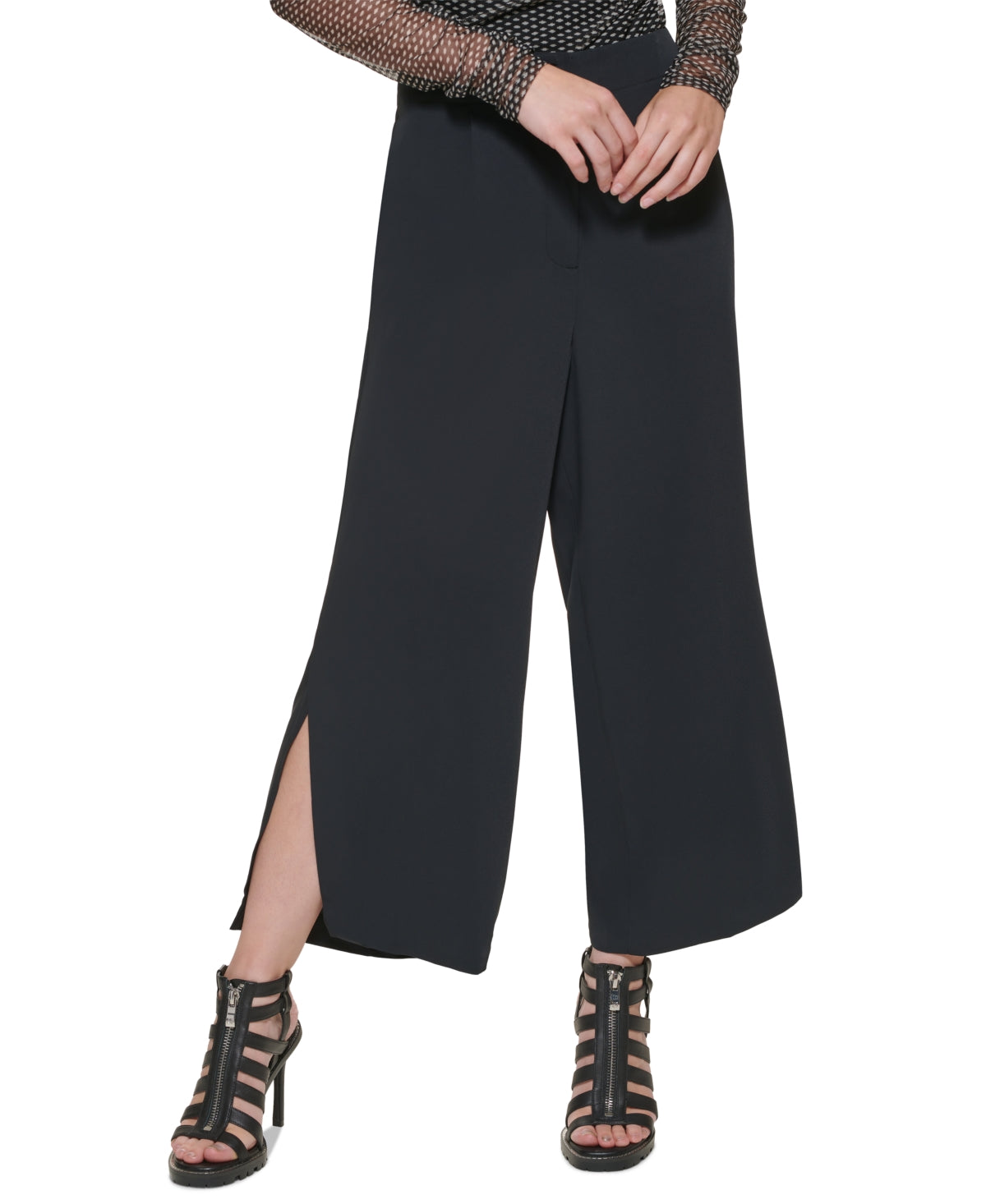 Calça feminina DKNY com bainha dividida e perna larga, preta
