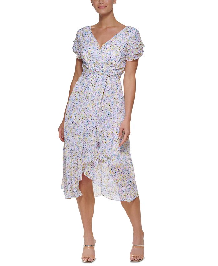 Vestido midi DKNY feminino com mangas esvoaçantes e envoltório falso, branco, tamanho 14