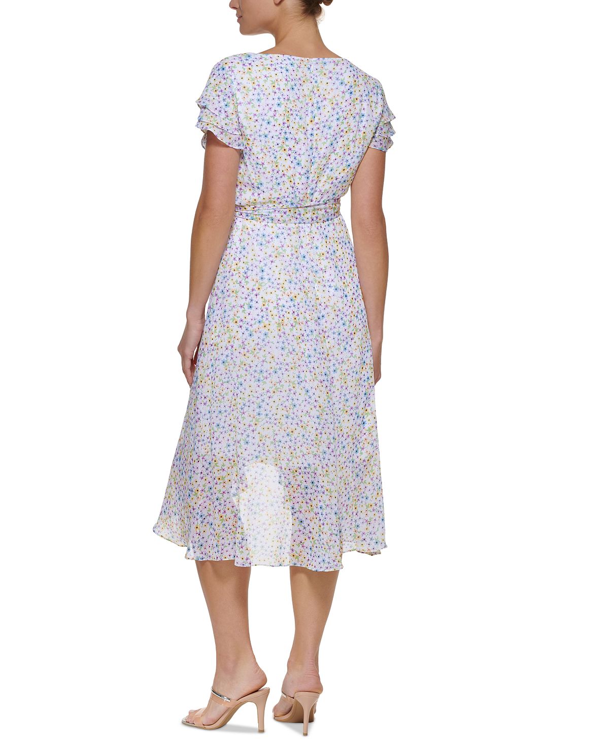 Vestido midi DKNY feminino com mangas esvoaçantes e envoltório falso, branco, tamanho 14