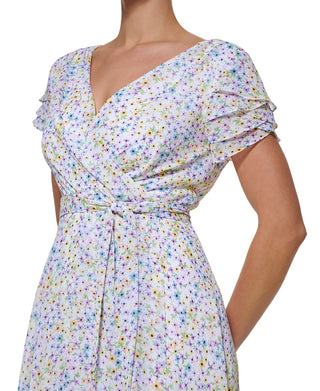 Vestido midi DKNY feminino com mangas esvoaçantes e envoltório falso, branco, tamanho 14