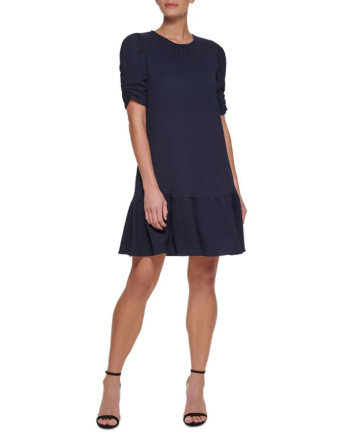 Vestido trapézio feminino DKNY com manga franzida, azul, tamanho 16