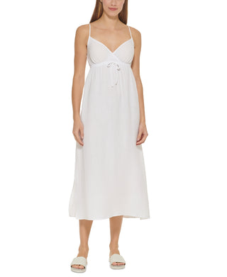 Vestido longo com decote em V e amarração frontal DKNY feminino, saída de banho, tamanho grande, branco
