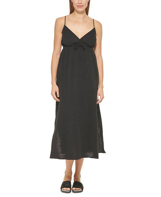 Vestido longo com decote em V e amarração frontal DKNY feminino, preto, tamanho extragrande