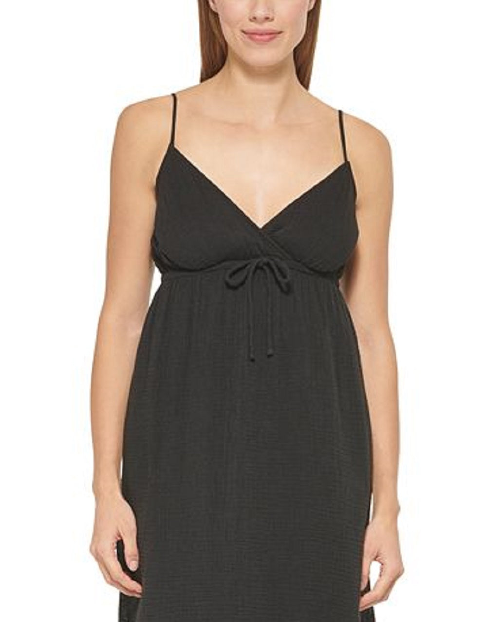 Vestido longo com decote em V e amarração frontal DKNY feminino, preto, tamanho extragrande