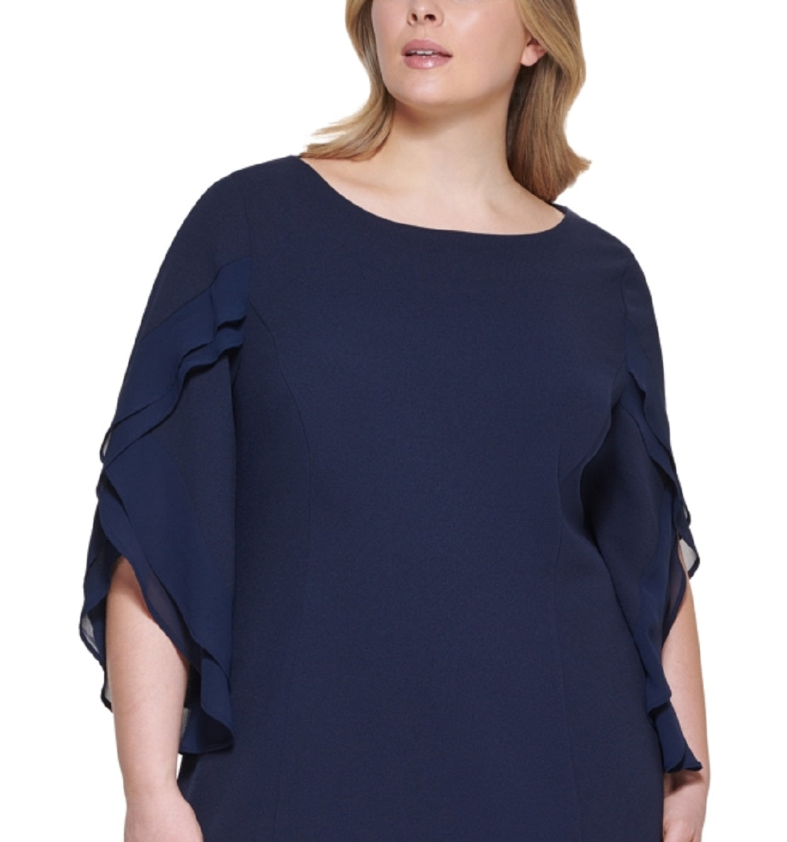 Vestido feminino DKNY com bainha combinada e mangas de chiffon, azul, tamanho 18W